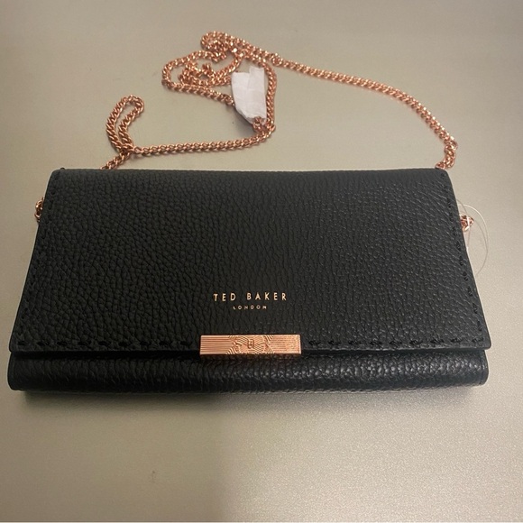 NWOT Ted Baker Janet Black Pebble Leather Matinée Wallet On Rose Gold Chain - Picture 8 of 15